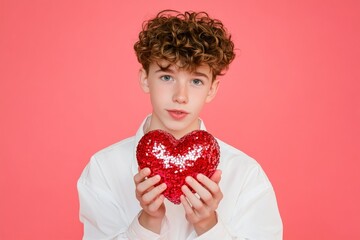 Isolated white high schooler boy on pink background with sparkling rhinestones heart in hands.  Professional studio image, copy space.  Cute Valentine's Day greeting.