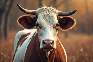 Cow Standing in Autumn Field Looking at Camera