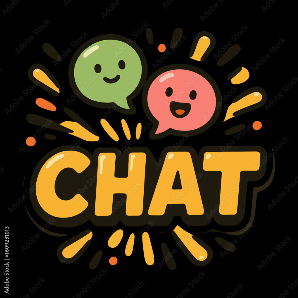 Poster a cartoonish image of two smiling faces with a word 