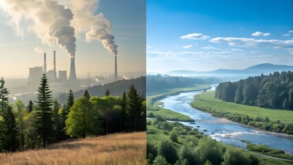 A split image showing pollution on one side and a clean river on the other