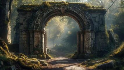 Fototapeta premium Sunlit path through mossy stone archway in forest