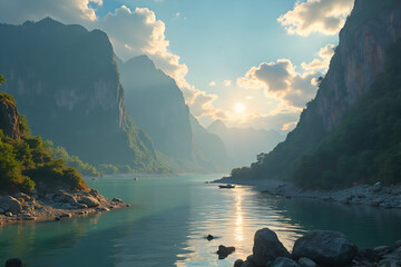 River Landscape with Mountains and Sunlight Reflection on Water