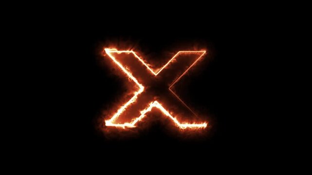 Animation neon letter X, glowing neon capital letter sign icon, on black background, X text icon animated by glowing neon.4k render