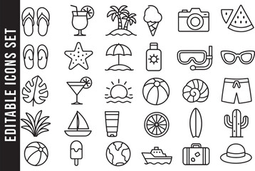 Editable Outline Icon Set for Summer, Beach, and Tropical Vacation
