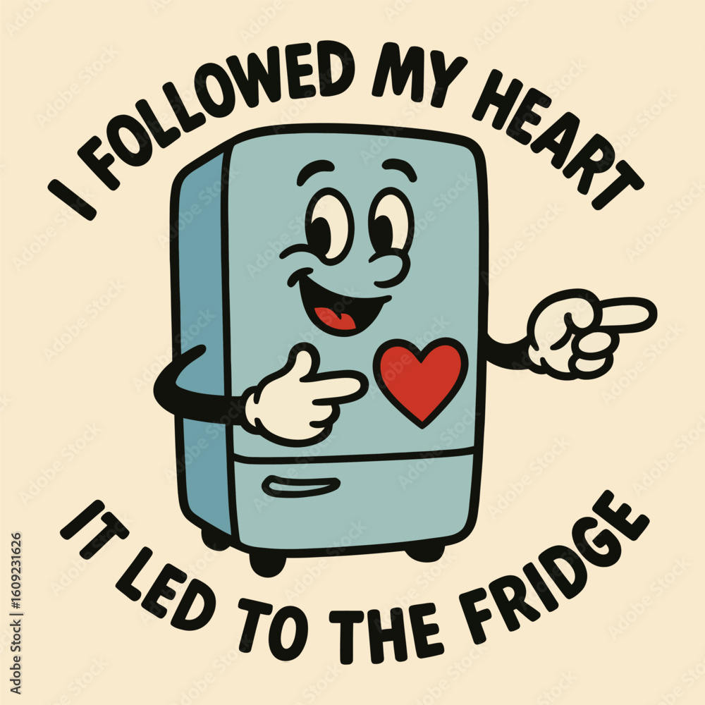 Poster a cartoon refrigerator with a heart on it. the refrigerator is smiling and pointing to the heart. th