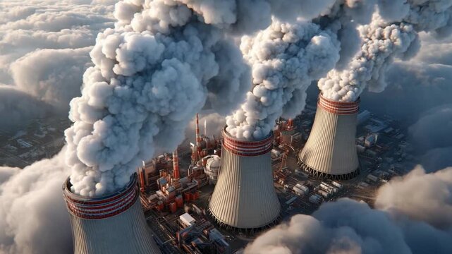 Smog Emissions: Industrial smokestacks belch thick, billowing clouds of pollution into the atmosphere, symbolizing the detrimental effects of unchecked industrialization and its impact on climate. 
