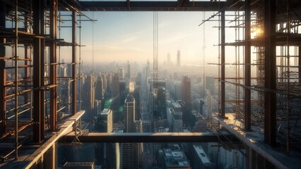 Sunrise cityscape viewed through a construction frame