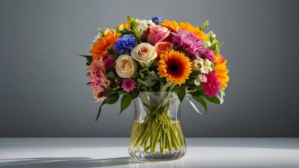 Obraz premium Brightly colored flowers in a glass vase against a white background. High-quality, detailed, full-frame composition.