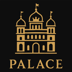 Obraz premium A gold and black logo for a place called Palace. The logo is a stylized building with a crown on top
