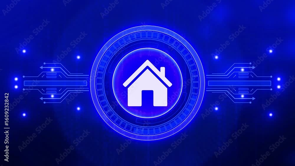 Poster digital house icon on a circuit board background with a blue glowing light effect. house with futuri