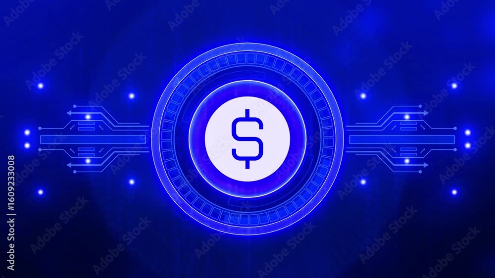 Poster dollar stable coin currency business and digital money hologram symbol appears on a digital backgrou