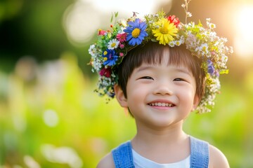 Happy holiday season holidays visual idea art. Smiling asian child boy with tt hair wearing multi-colored flower circlet on his head. Sunny daylight. Child with natureâ€™s beauty.