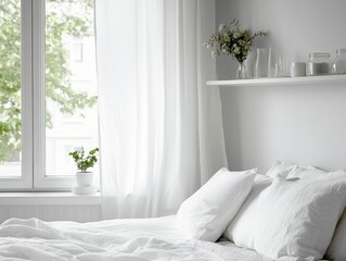 Bedroom with bed, curtains, and shelves.