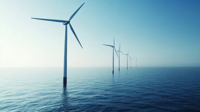 Offshore wind turbines floating on calm blue ocean under hazy sky, representing clean renewable energy. - Powered by Adobe