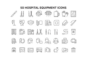 Hospital Equipment Icon Set, Black and white medical tools and first aid equipment collection illustration
