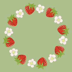 Strawberry and Flower Wreath Vector, Berry Blossom Circle Illustration, Floral‑Fruit Garland Design