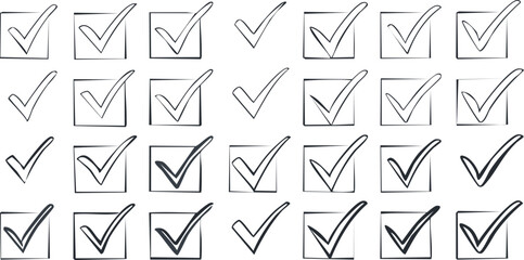 Check marks doodle set. Vote, yes, no, checkbox, checklist, tick and cross signs, v and x drawn concept. Hand drawn doodle sketch style vector illustration