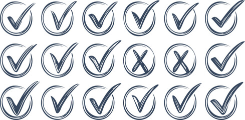 Check marks doodle set. Vote, yes, no, checkbox, checklist, tick and cross signs, v and x drawn concept. Hand drawn doodle sketch style vector illustration