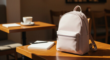 A light pink backpack sits on a wooden table next to a notebook and pen, with a coffee cup on a nearby table in a cafe setting.