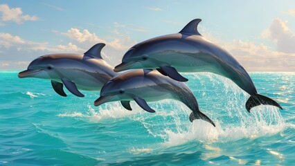 Fototapeta premium Three dolphins leap from turquoise ocean waves under a bright sky
