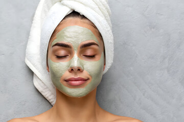 Woman with towel and clay face mask on gray background