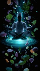 Culinary Zen: Chef in meditative pose amidst floating food elements.