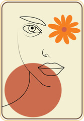 Minimalist Line Art Face with Flower and Abstract Shapes – Modern Boho Illustration 1