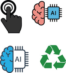 Obraz premium Artificial Intelligence Touch Interaction Brain Processing and Environmental Sustainability Concept Colorful Illustration with Recycling Symbol and Hand Gesture