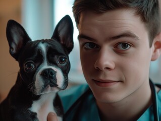 Boston terrier in young man's arms.