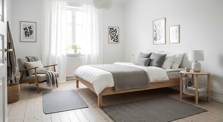 A bright, minimalist bedroom with a wooden bed, grey textiles, and framed art on white walls.