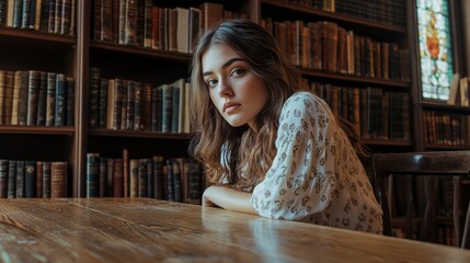 Bookshelf setting with woman, reflecting quiet study or intellectual pursuits.