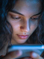 A woman holding a smartphone, engrossed in her device.