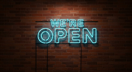 A vibrant blue neon sign with the words 'We're Open' glowing against a dark brick wall, a digital lighting effect.