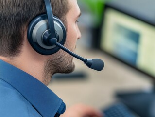 A man in a call center headset, focused on his work, indicating professionalism and dedication to customer support.