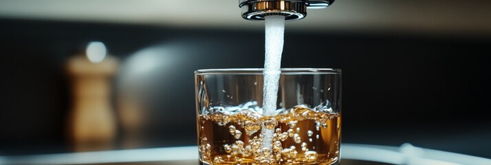 Two glasses of liquids being poured with ice and bubbles.