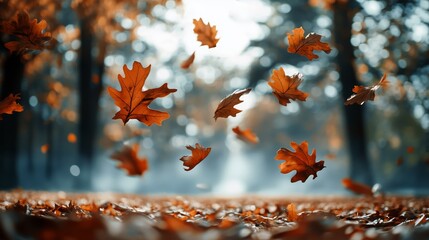 Colorful Autumn Leaves Falling Gently in a Forest During Sunset.