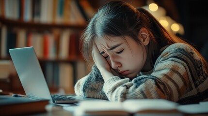 A young woman in a library, overwhelmed by studying and workload, resting her head on laptop with an expression of distress.