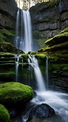 Obraz premium Enchanting waterfall cascading over mossy rocks, creating a serene nature escape for your next project