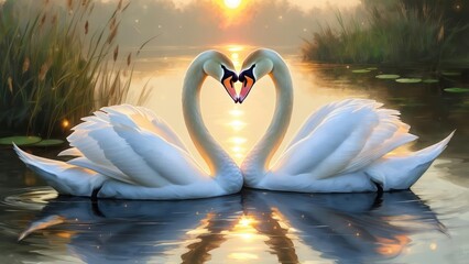 Two swans forming a heart shape on calm water at sunset