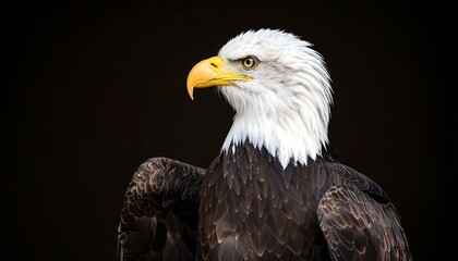 Obraz premium Close-up of an eagle, dark background. Sharp focus on the head and outstretched wings. White plumage on the head and neck, contrasting with dark brown feathers. 