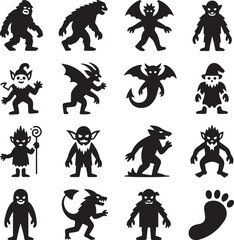 Naklejka premium Mythical, creatures, icon, set, monster, fantasy, silhouette, vector, black, isolated, illustration, design, folklore, character, beast
