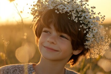 Happy caucasian child boy with brown hair wearing white flower circlet on his head. Happy summertime holidays idea. Golden hour in sunset. Childâ€™s outdoor adventure. Summer adventure for kids.