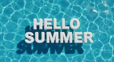 Hello Summer seasonal greeting with 3D text and shadow over clear blue swimming pool water.