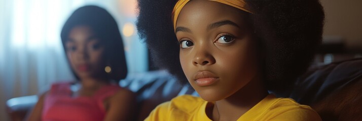Two young black girls with big hair, wearing stylish outfits, seated together. Positive and confident expressions on their faces.