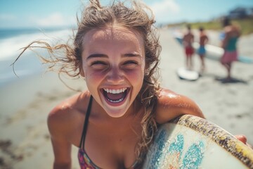 A joyful girl with sun-kissed hair, holding a surfboard at the beach, smiling and enjoying her time. Perfect for summer and outdoor sports enthusiasts.