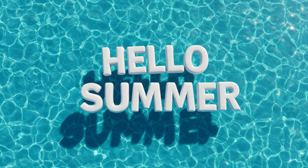 A vibrant 'Hello Summer' message in 3D letters floating over a sunlit, shimmering blue swimming pool