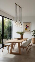 Fototapeta premium Modern dining room interior with stylish wooden table and chairs for family gatherings
