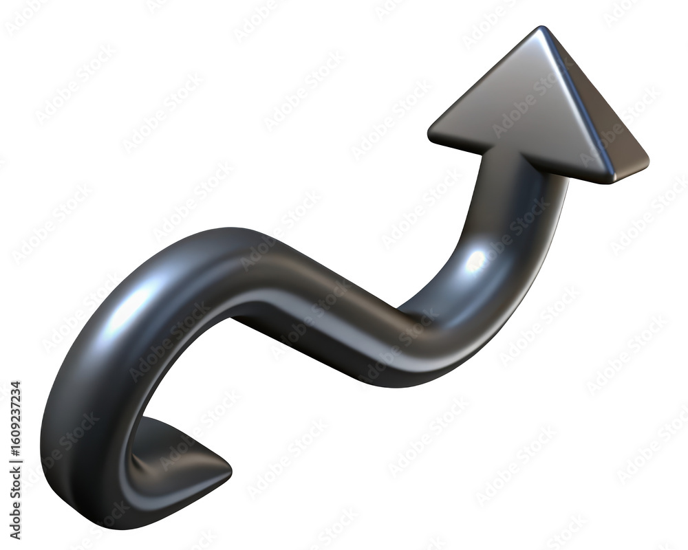 Poster metallic arrow ascending with curved path on background representing growth progress and achievement