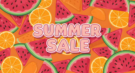 Graphic banner for a Summer Sale with a background pattern of fresh fruit. Vibrant illustration of watermelon and orange slices for advertising.