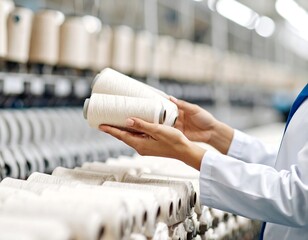 Close-up of hands inspecting white thread spools in a textile factory